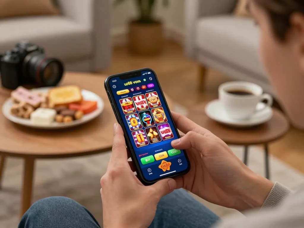 Engaging gameplay of uu88 vom displayed on smartphone showcasing exciting casino options in a cozy home setting