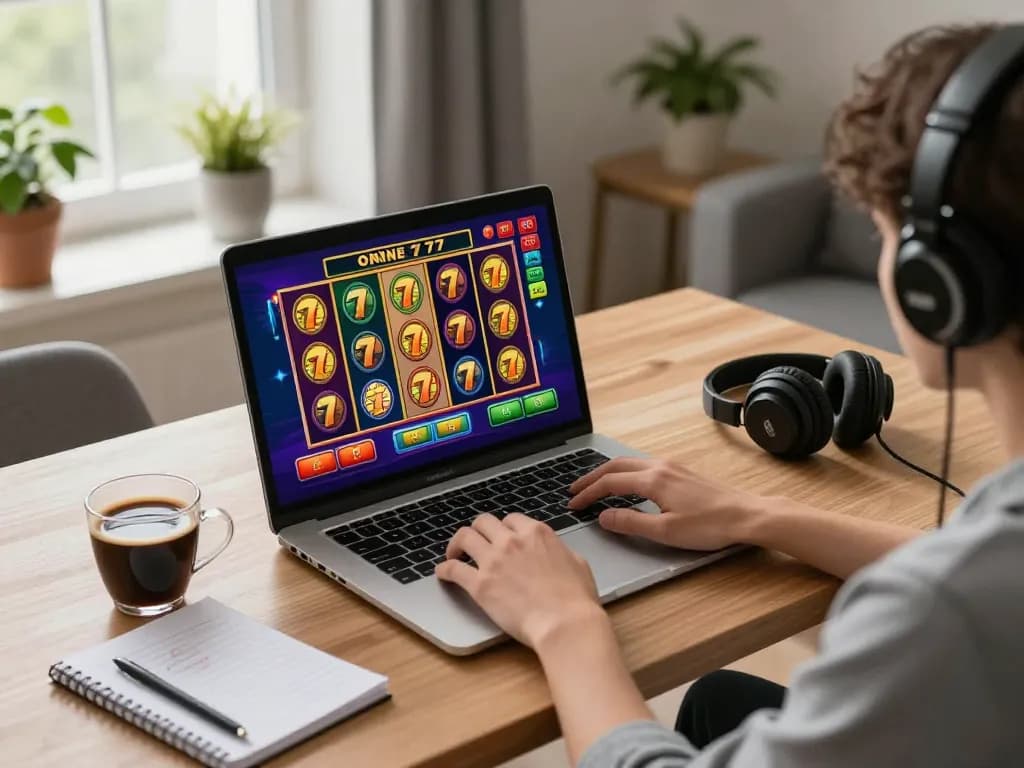 Engaging in slot777 online gaming experience on laptop with colorful reels and strategy notes nearby