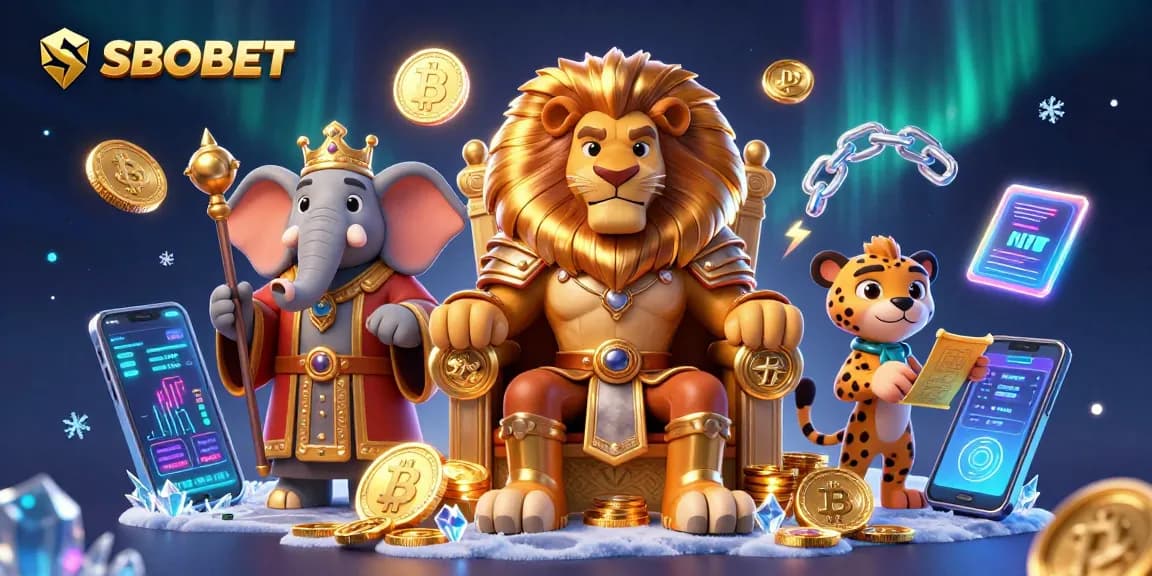 Engage in SBOBET gaming with a royal lion king, a wise elephant, and a swift cheetah amidst vibrant crypto elements.