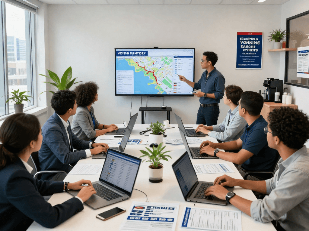 Team strategizing in a modern political campaign office, showcasing effective opposition research firm tools and data.