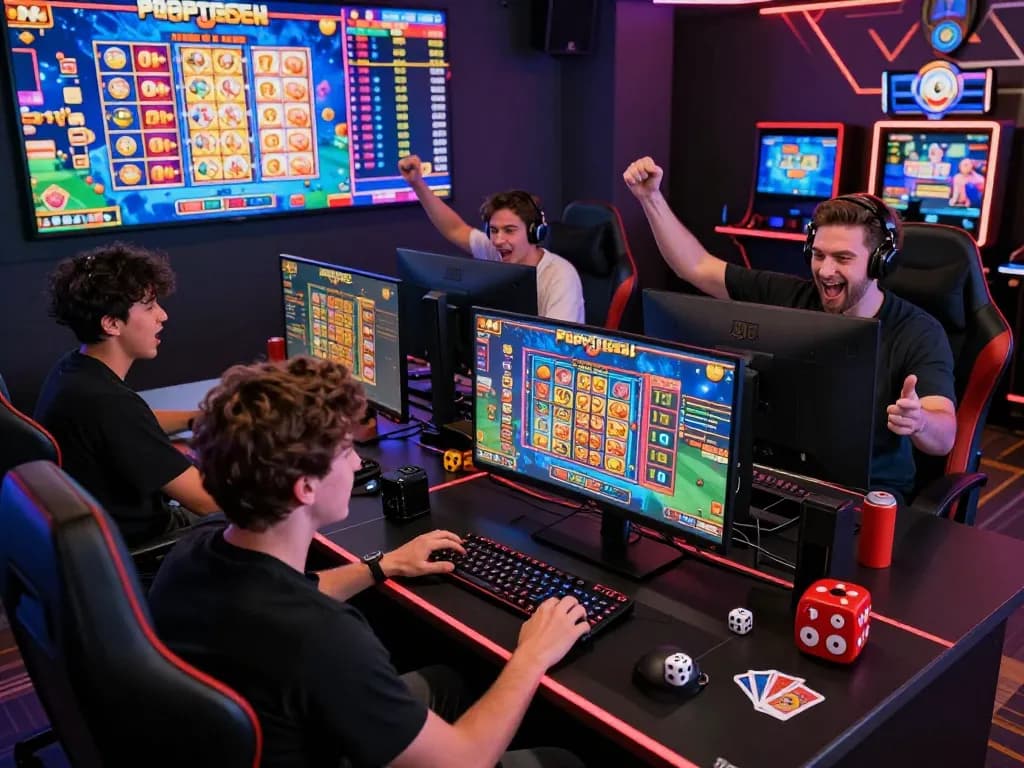Dynamic popotogel online gaming scene with excited players and vibrant visuals