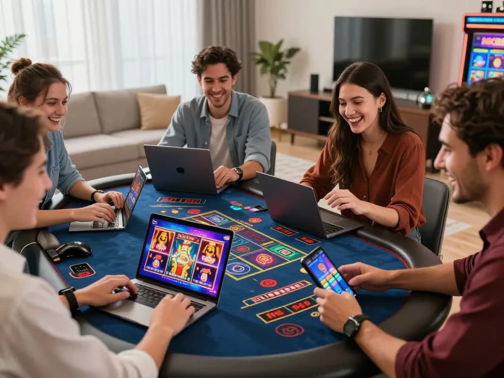 Friends engaging with nk88 bet on devices, showcasing vibrant online gambling atmosphere.
