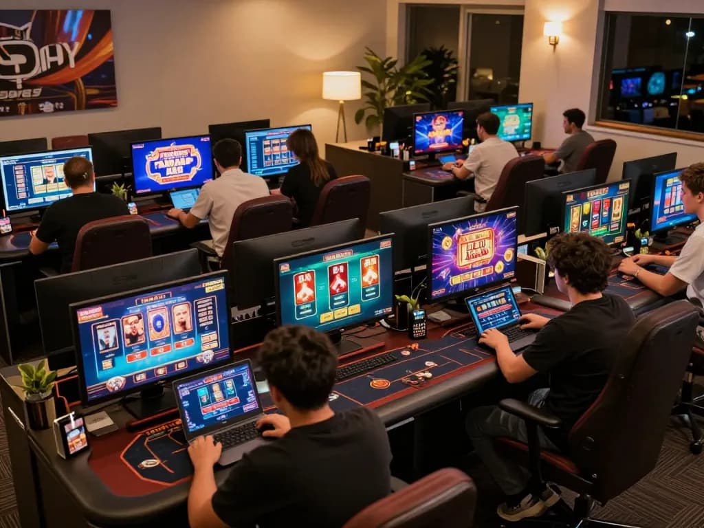 Engaged players navigating their rr88 online casino gaming experience on laptops and tablets in a cozy home setting