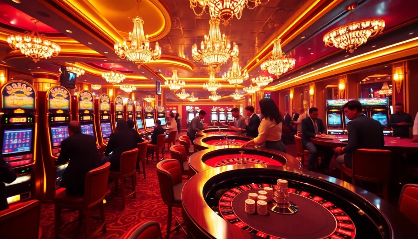 Top club gaming scene highlighting excitement with poker tables and slot machines.