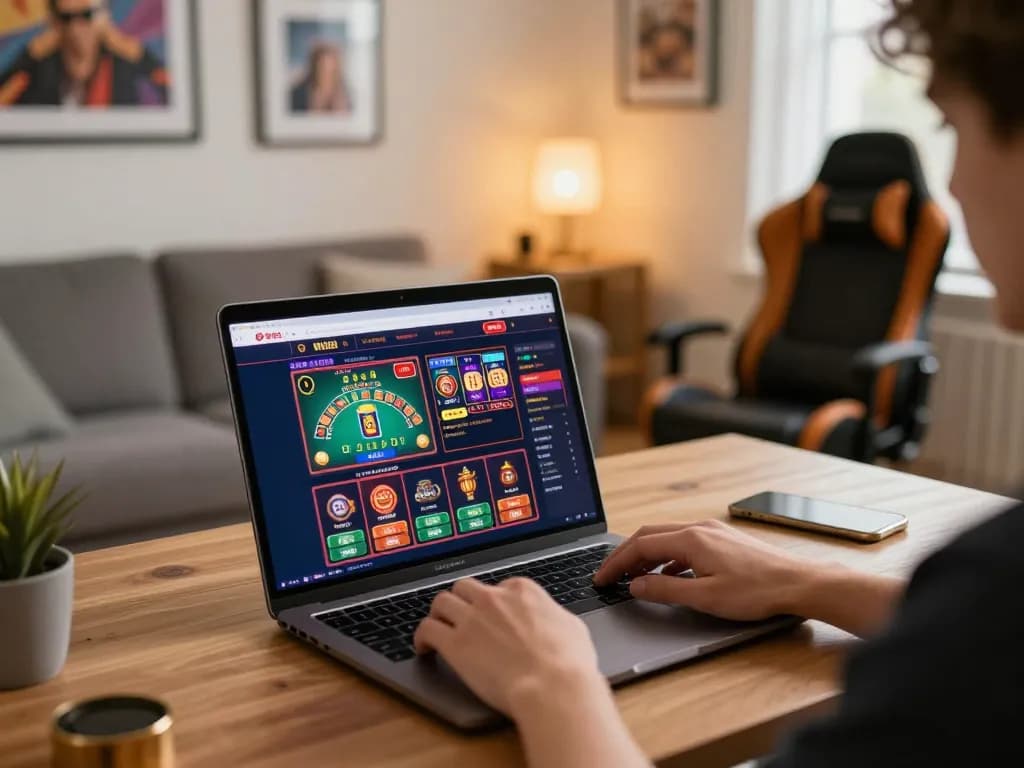 Engaging in online gambling at the best widget store with various casino games displayed on a laptop screen