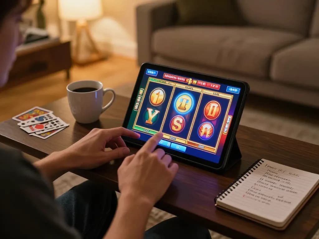 Player enjoying online slots at home on TG88 tablet, showcasing a vibrant gaming atmosphere.