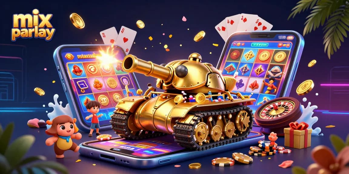 Experience the mix parlay excitement with a dynamic illustration featuring a casino beetle tank and vibrant gaming elements.