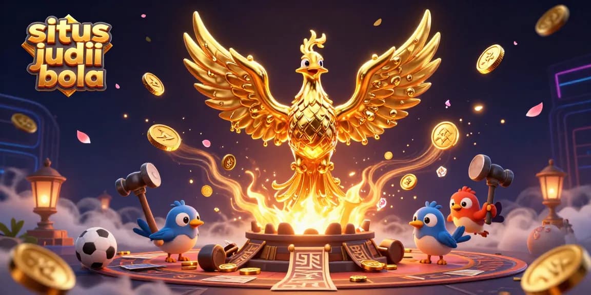 Engage in situs judi bola with this vibrant scene featuring a golden phoenix and sports elements.