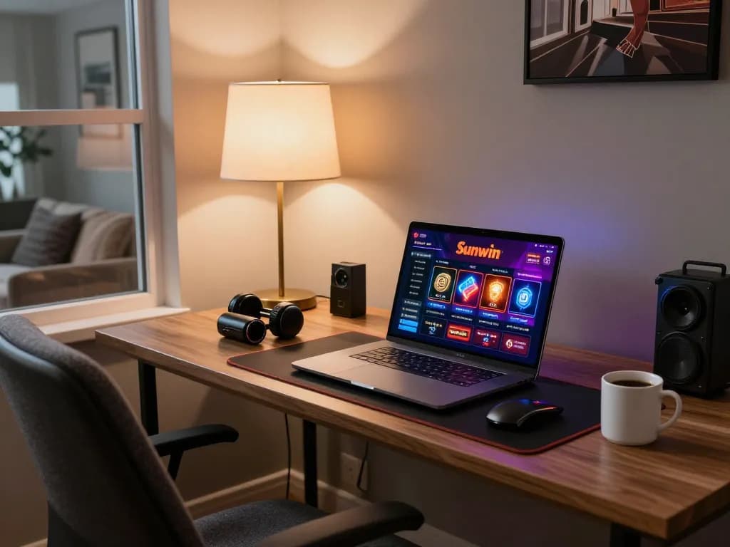 Engaging gaming setup featuring Sunwin app on a laptop, illustrating responsible online gambling.
