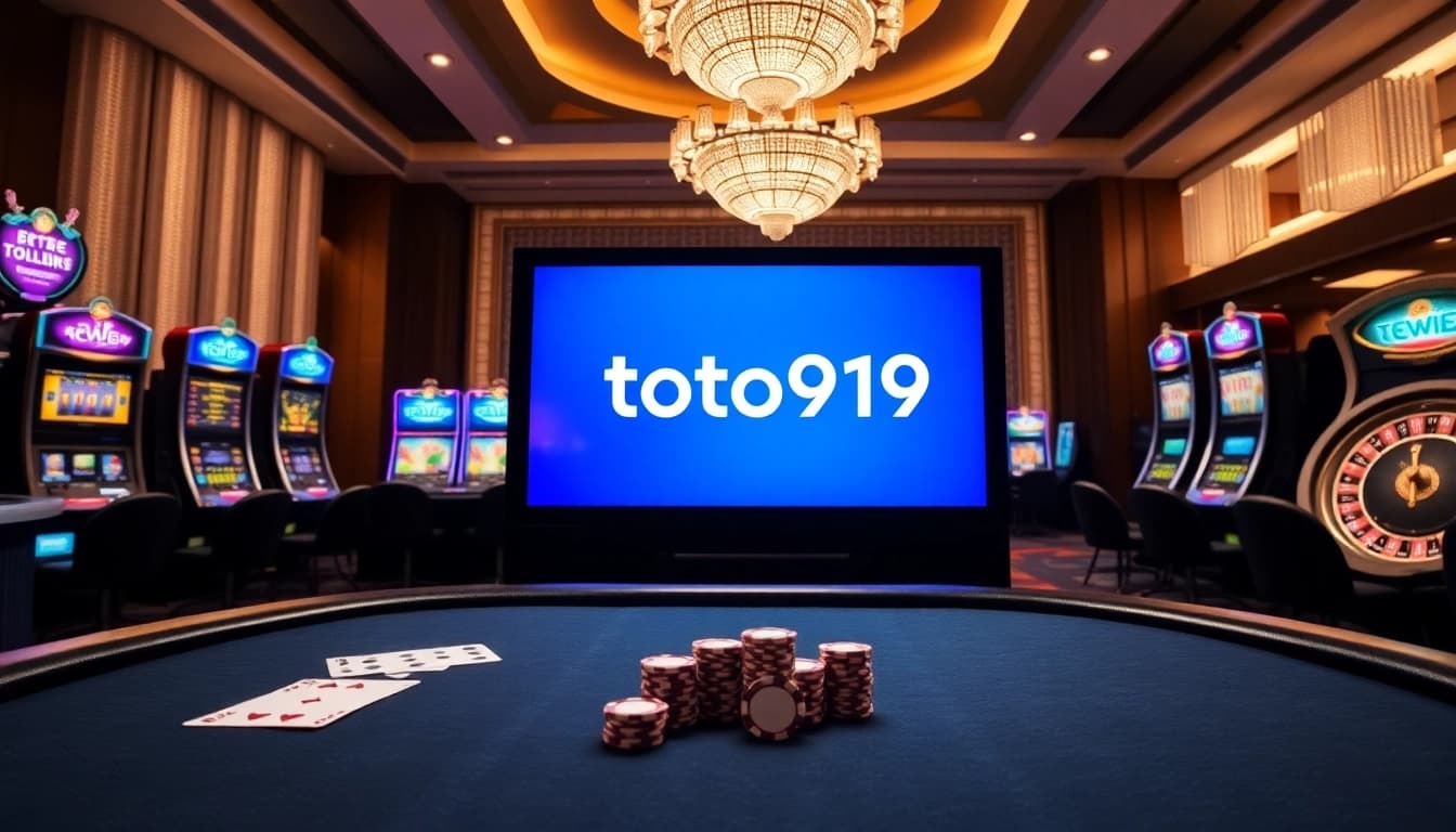 Toto919 casino interface with elegant cards, poker chips, and vibrant slot machines.