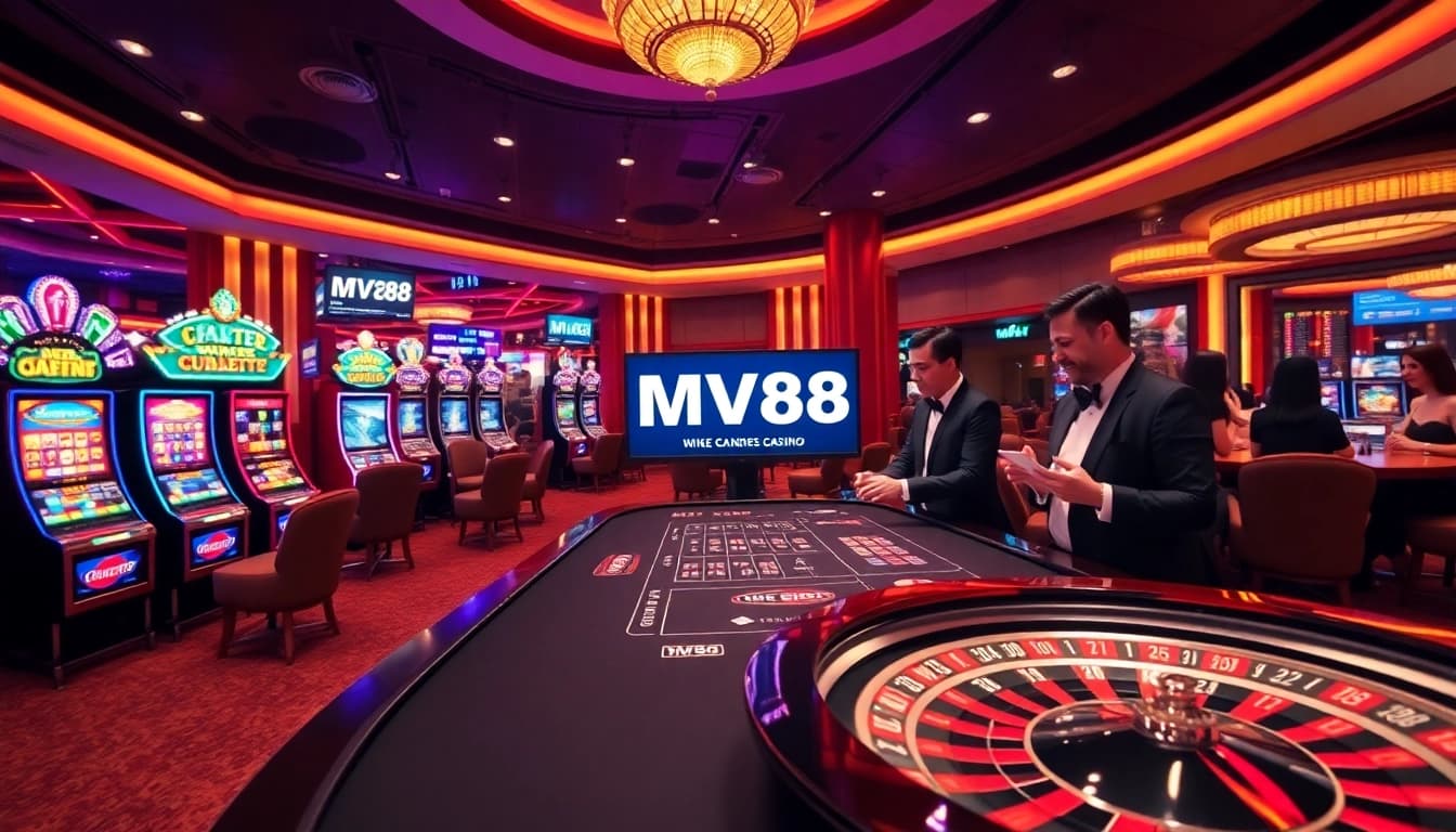 Players engaging with MV88 gaming interface amid an exciting casino backdrop, showcasing vibrant slot machines.