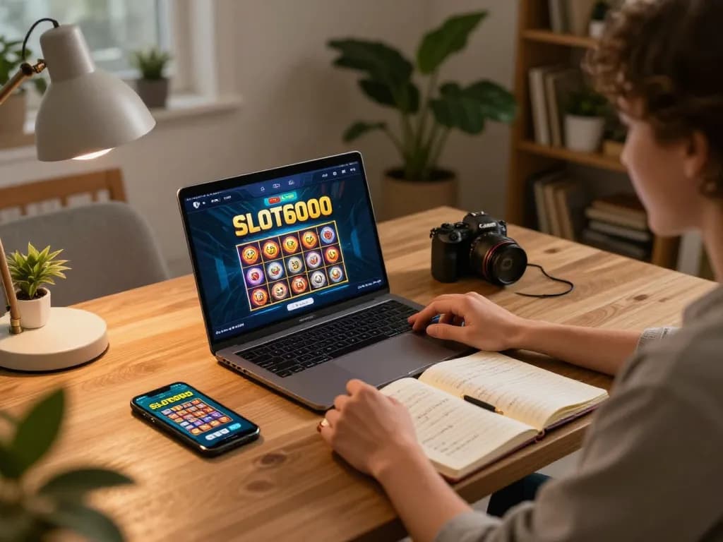 Player enjoying SLOT6000 game on laptop at home with strategic notes and smartphone nearby.
