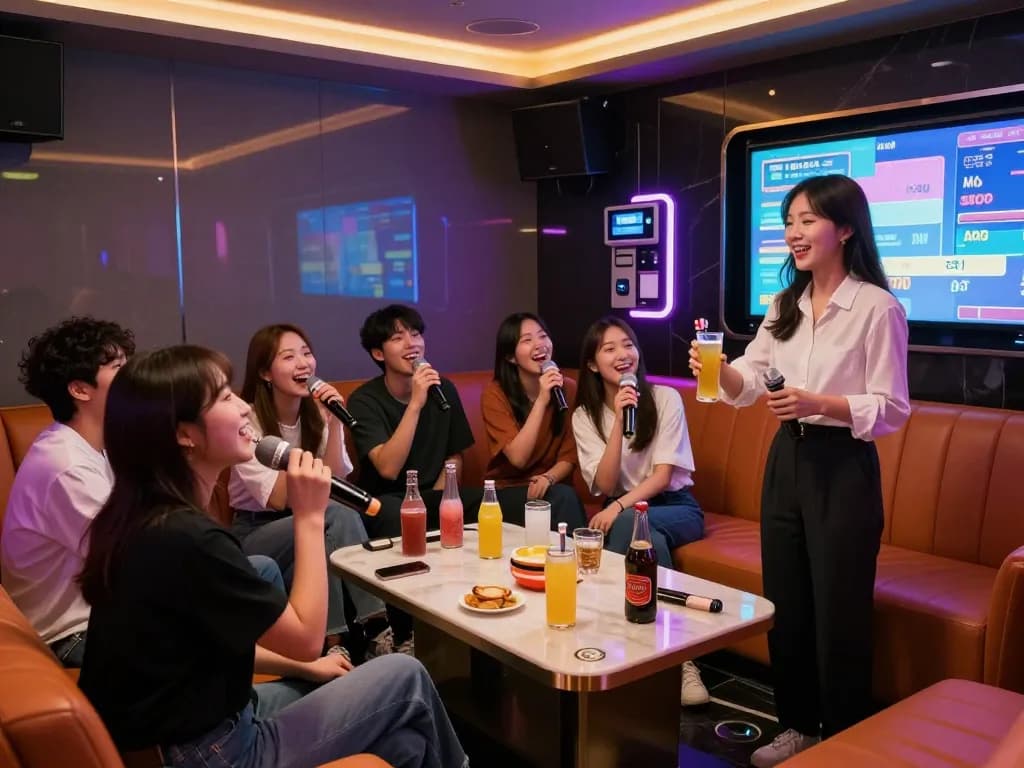 활기찬 노래와 다채로운 분위기를 자랑하는 인천쓰리노 노래방에서의 모임