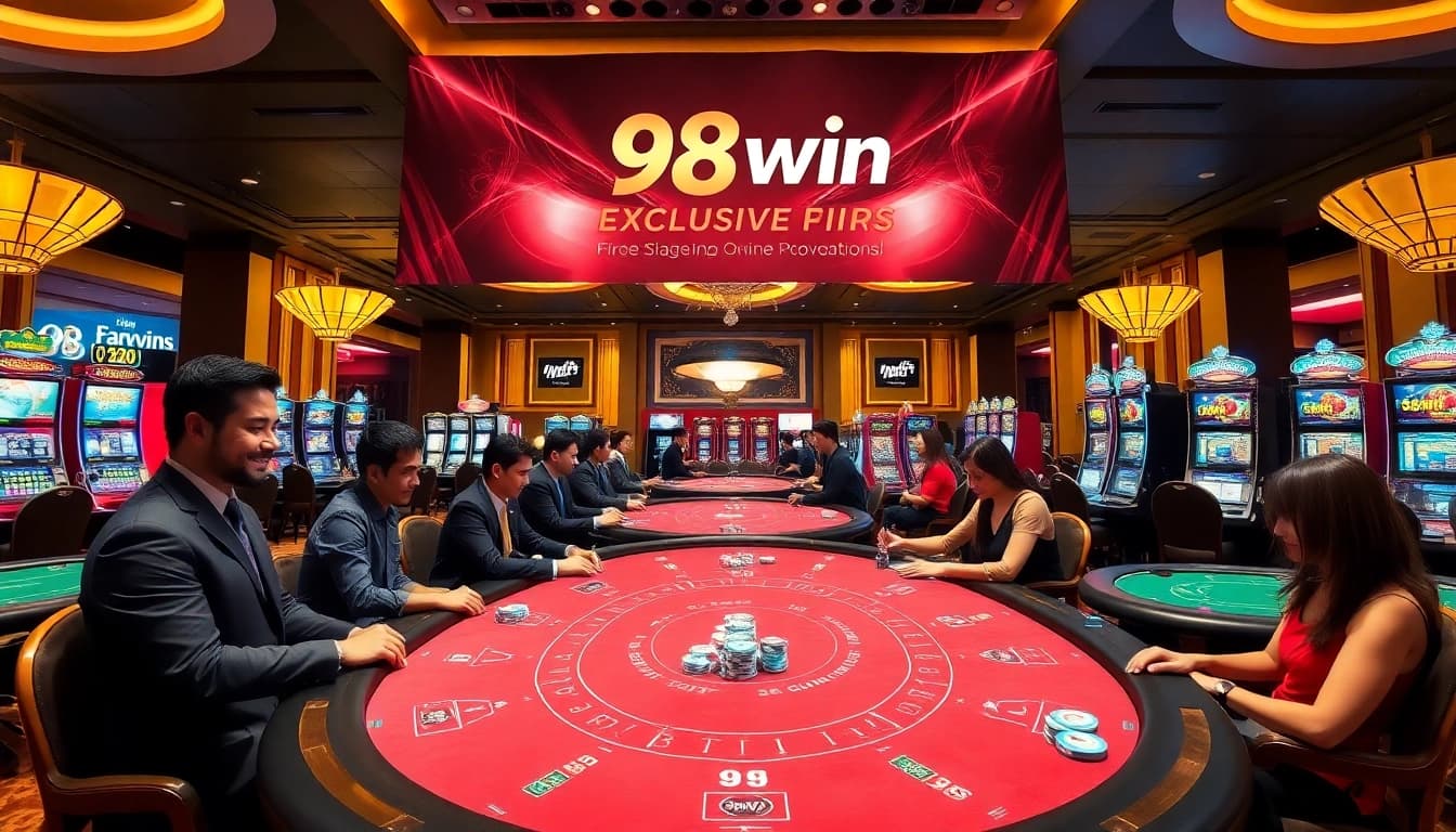 Players enjoying a vibrant casino scene at 98win, highlighting excitement and luxury.