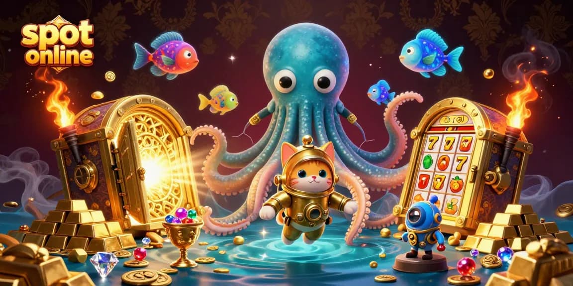 Menangkan jackpot slot online dengan kraken raksasa dan harta karun berkilau dalam ilustrasi 3D yang memukau.