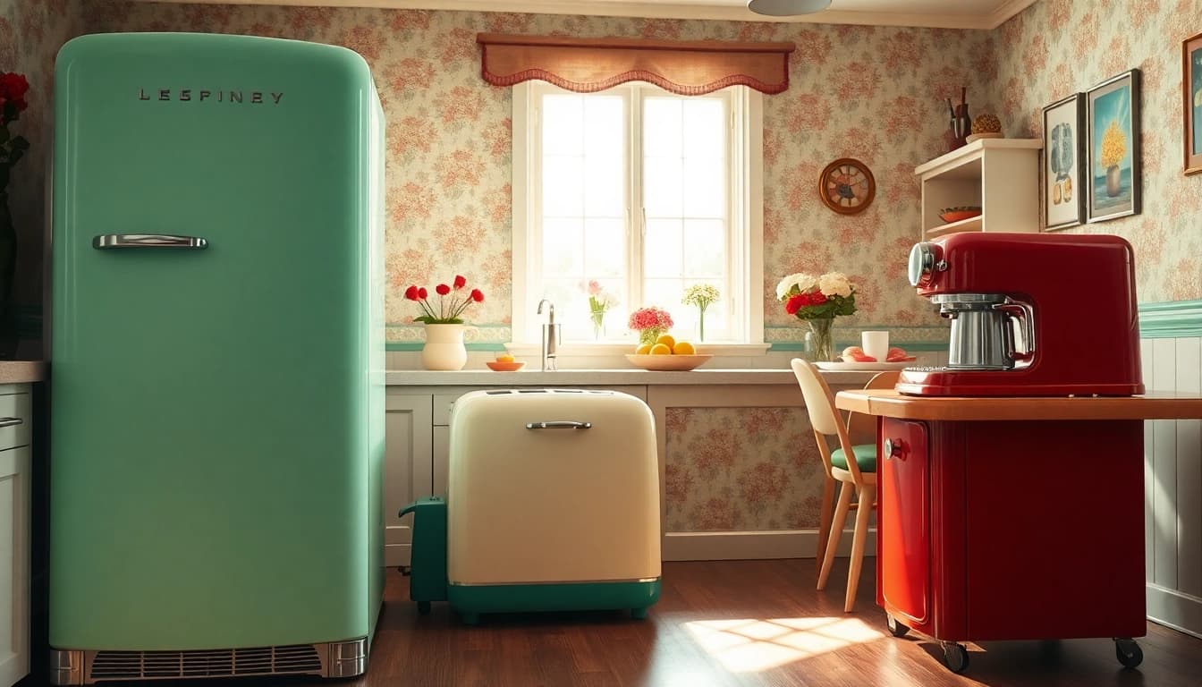Showcase of Retro Appliance designs in a vibrant kitchen environment with vintage charm.