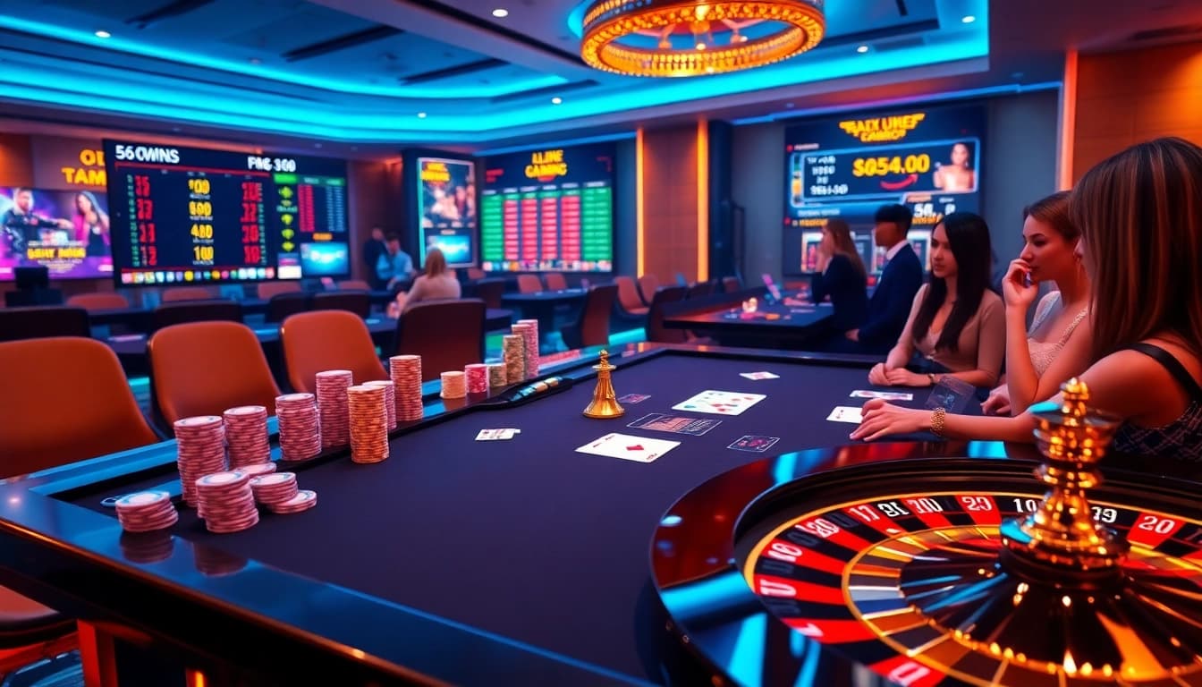 56WIN players engaged in thrilling online casino action at a luxurious table.