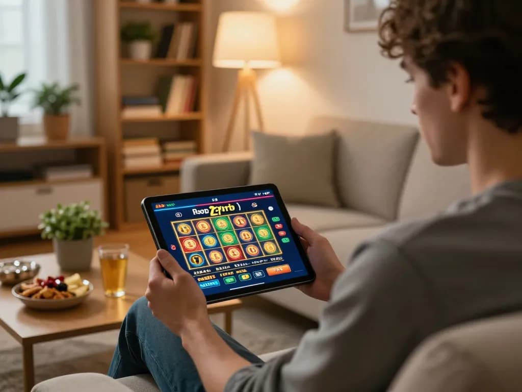 Engaging player using tablet for slot deposit 2rb online gaming with cozy home ambiance.