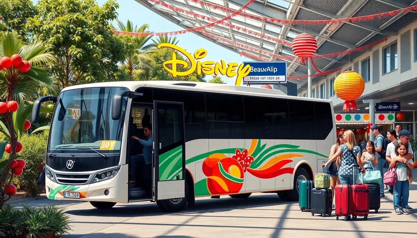 Booking a Beauvais Airport to Disney Transfer with a cheerful family next to a shuttle bus.