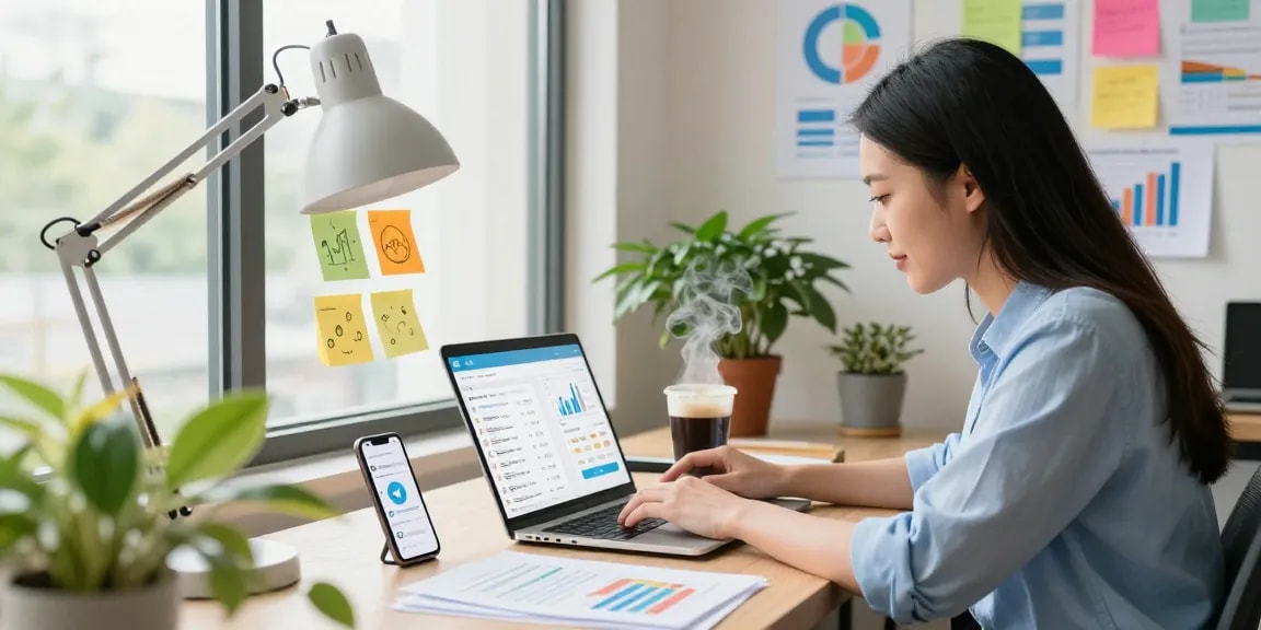 Boost your Telegram group members effectively with this vibrant workspace scene highlighting digital marketing strategies.