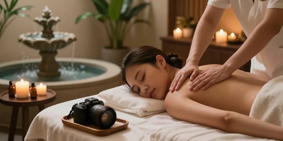 마사지 중인 모습과 아로마 오일, 조명이 어우러진 편안한 스파 환경