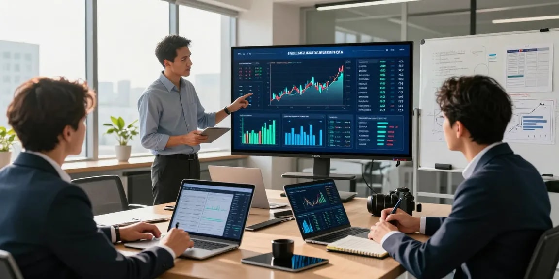 Team discussing financial crime intelligence analytics in a modern office