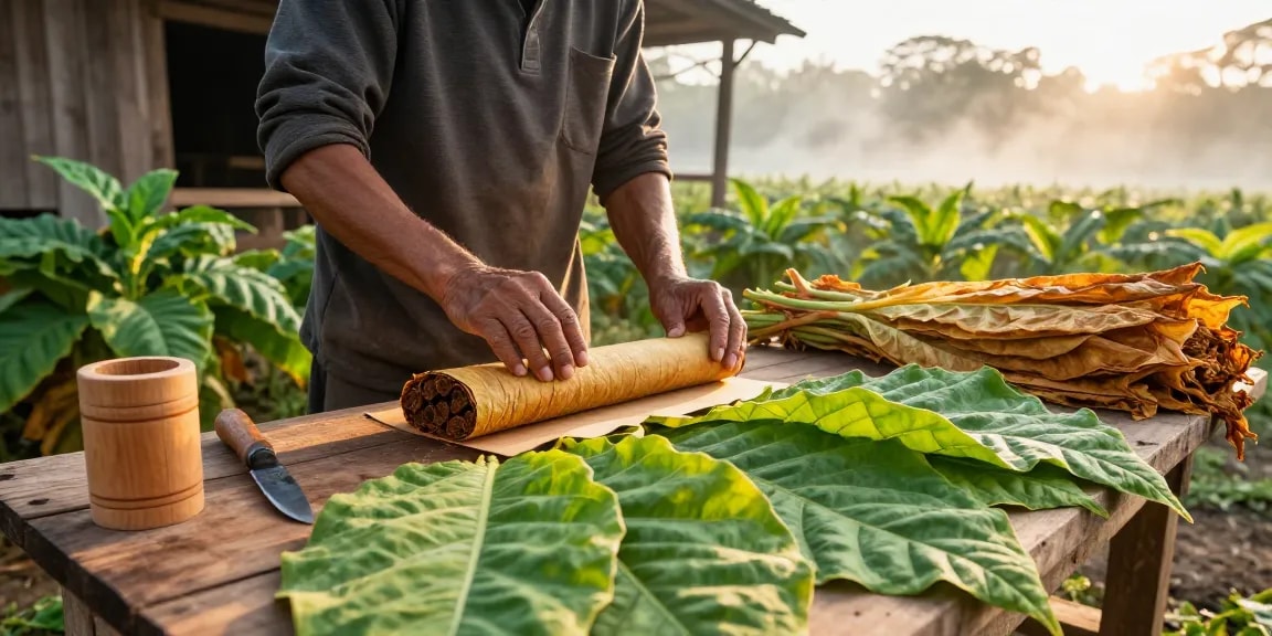 Artisan laborer at a DJARUM BOS tobacco plantation, hand-rolling cigars amidst lush greenery.