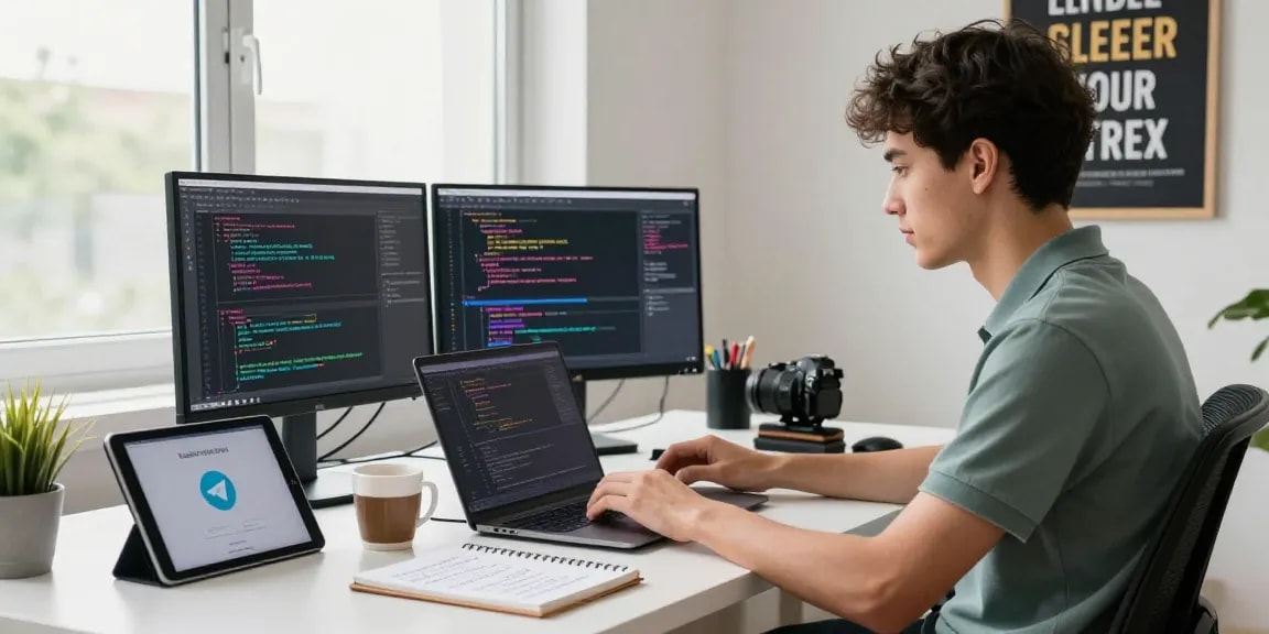 Young software engineer coding computer software with 纸飞机下载 interface visible on tablet in a bright office.