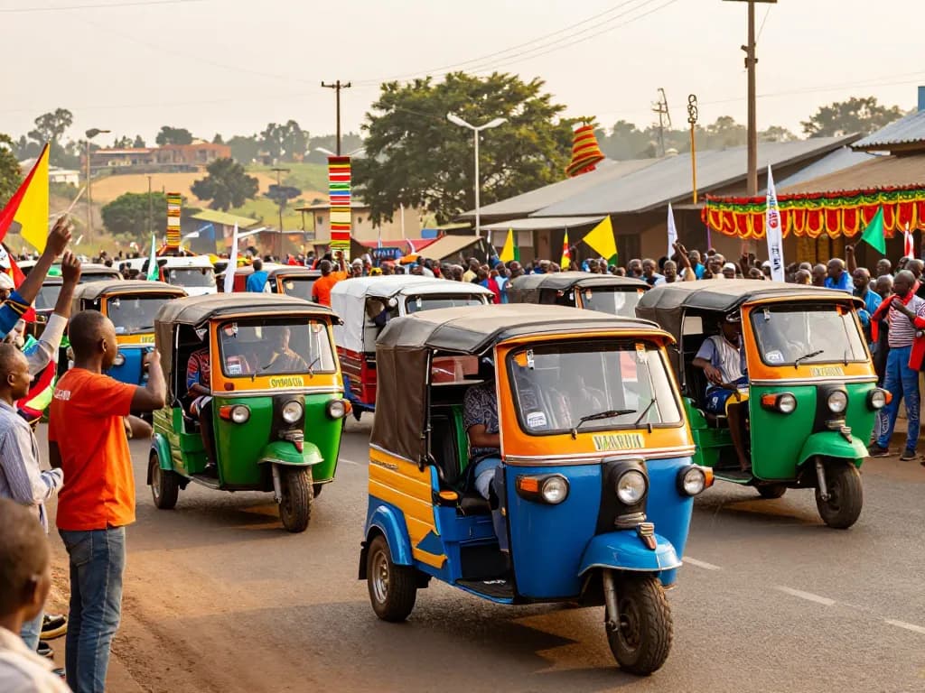 Tuk tuk tournament Kenya with vibrant tuk tuks revving engines and cheering crowd at the starting line.