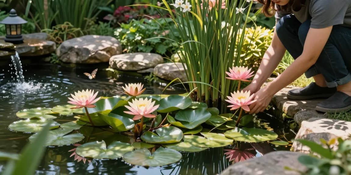 Buy Water Lilies in a tranquil pond garden with vibrant flowers and green surroundings.