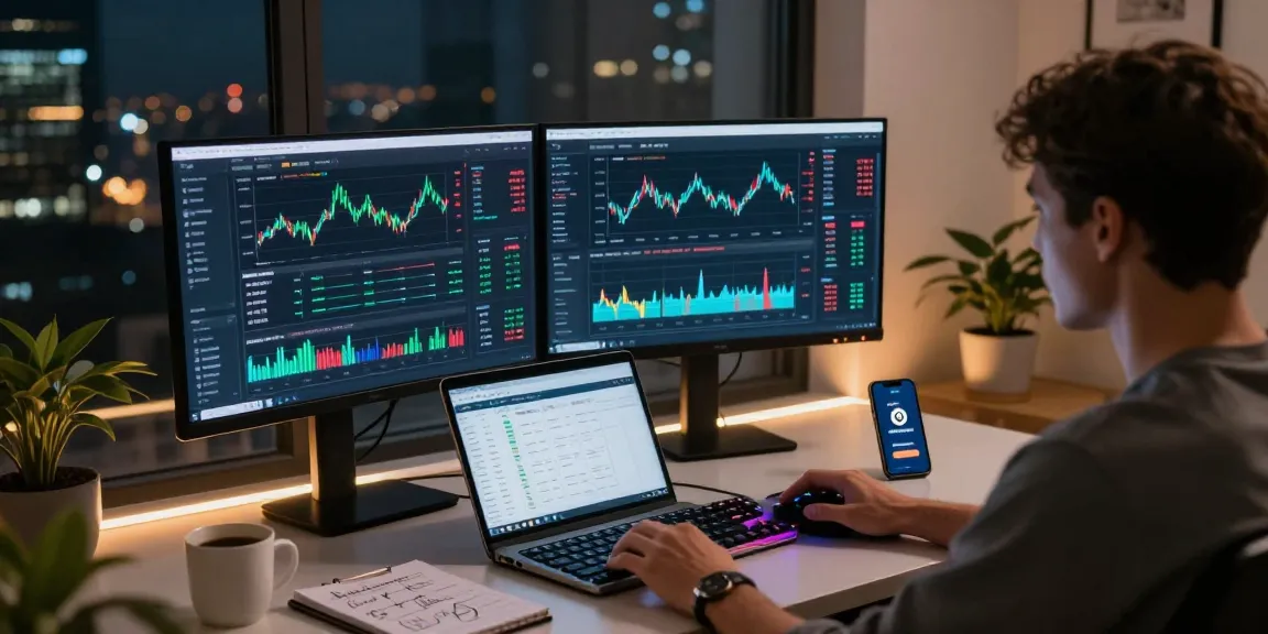 Crypto mining service showcased in a modern home office with dual screens displaying live market data and DeFi dashboards.