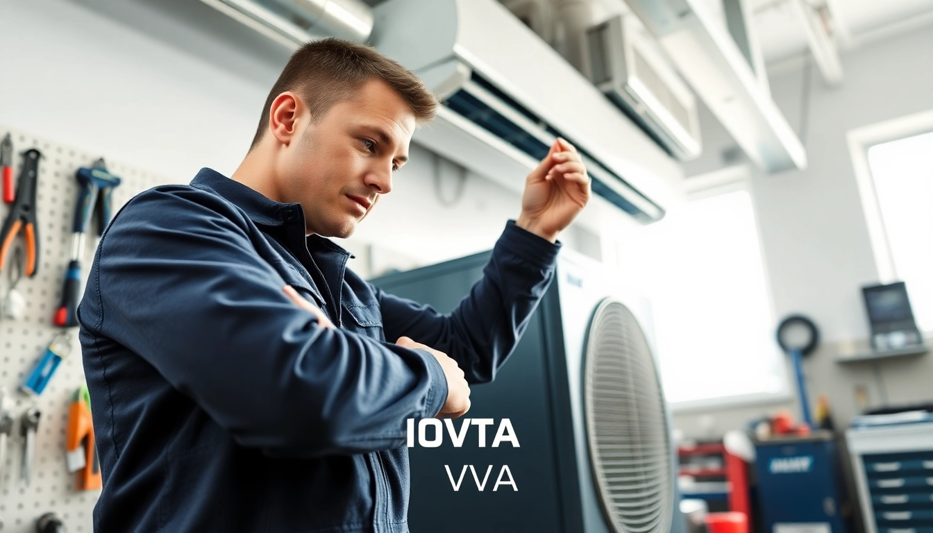 Alberta HVAC dealer technician installing a cooling system in a modern workshop.