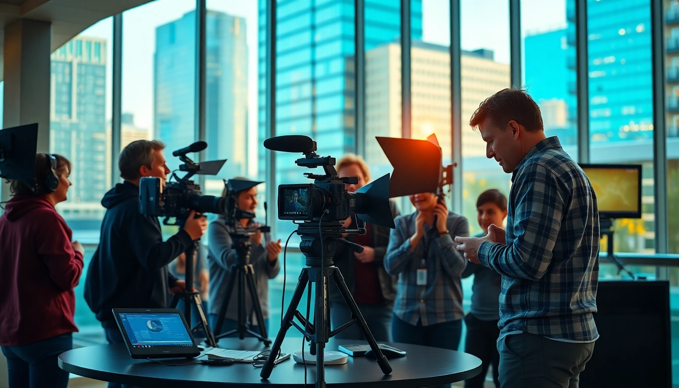Engaged team of edmonton production companies collaborating on a video project in an urban setting.