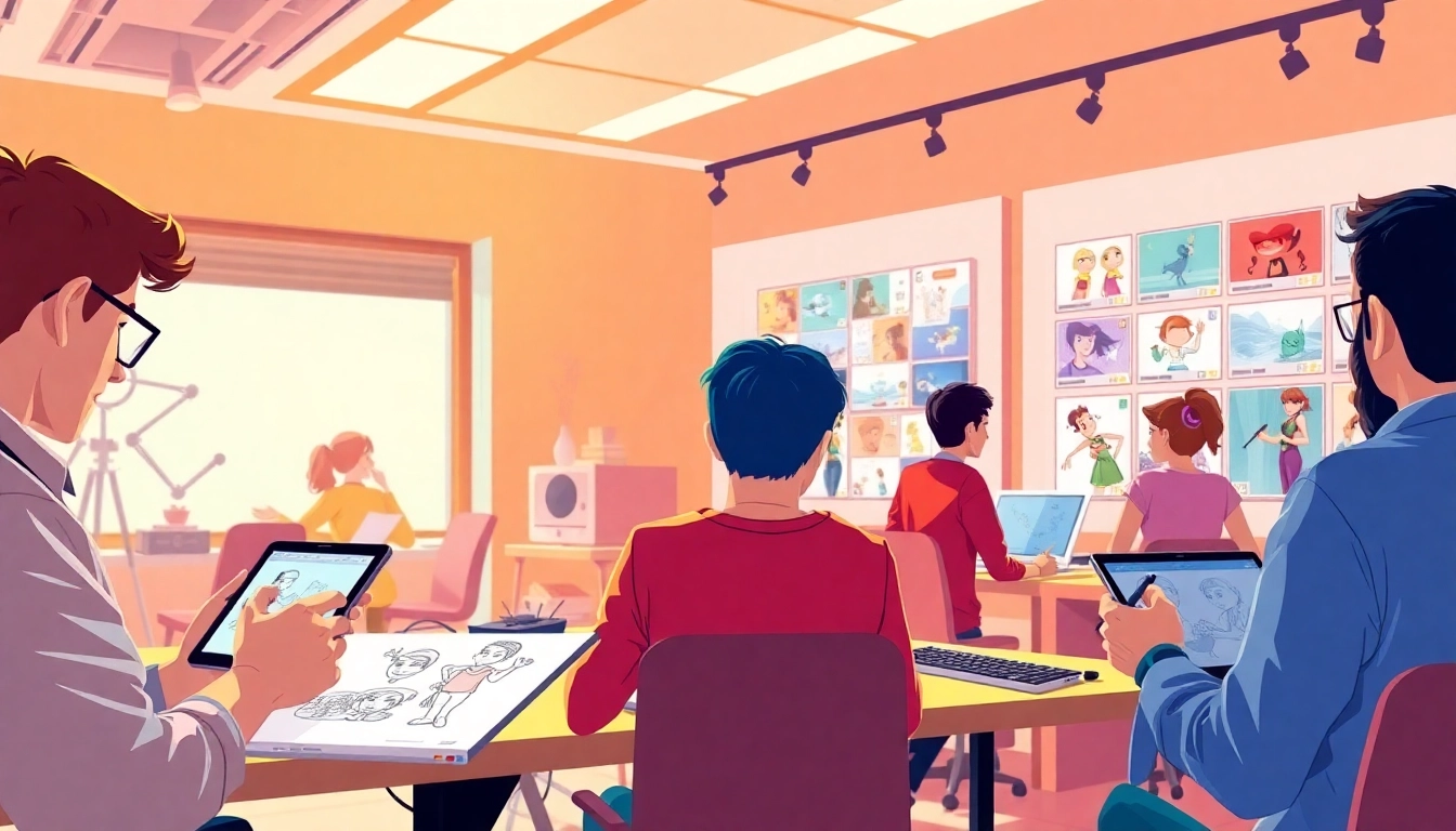 Erstellen von 2D Animation mit lebhaften Charakteren in einem kreativen Studio.