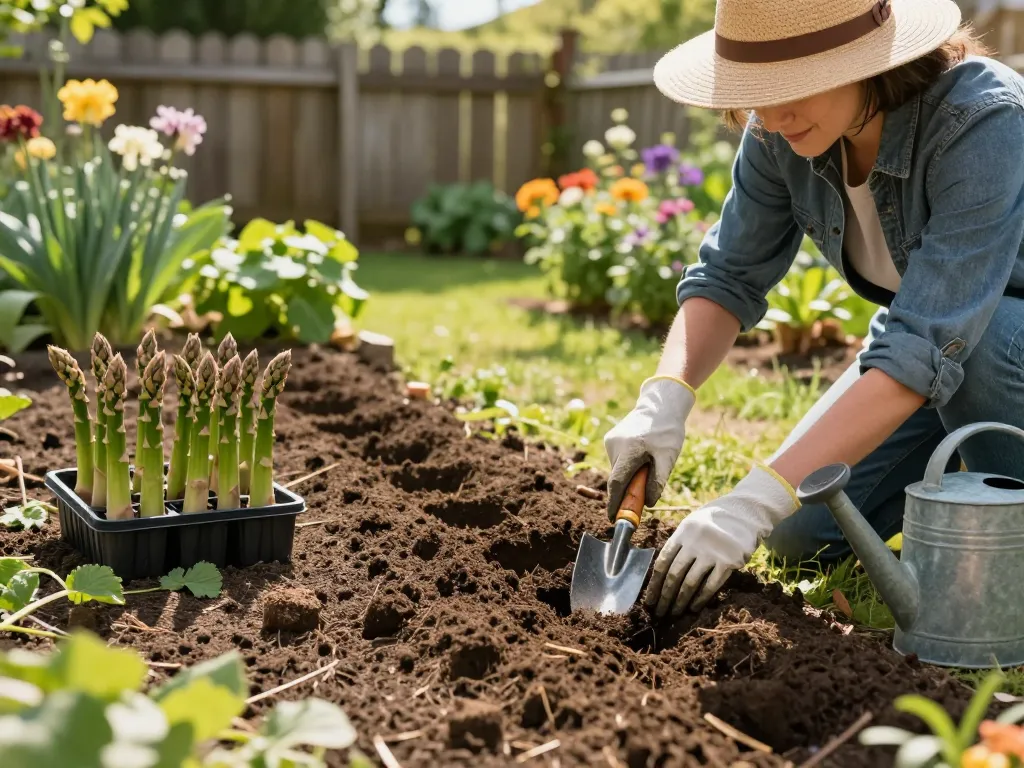 Asperges planten scene depicting a gardener carefully planting asparagus crowns in rich soil, surrounded by blooming flowers and gardening tools.