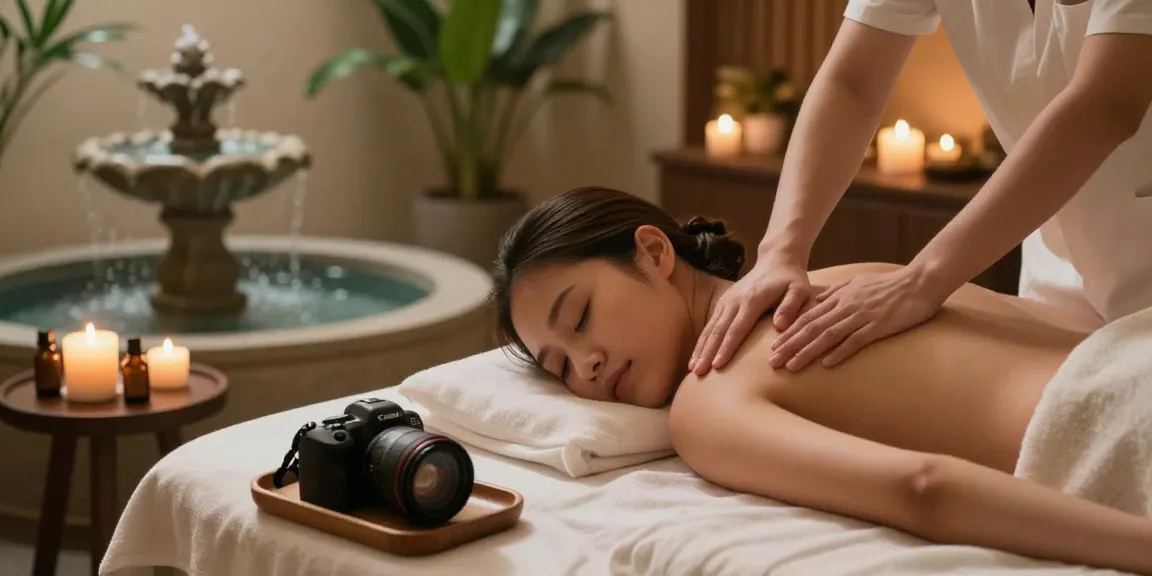 마사지 중인 모습과 아로마 오일, 조명이 어우러진 편안한 스파 환경