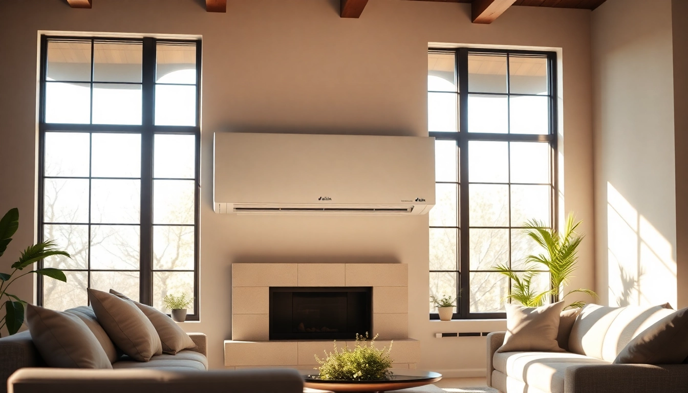 Install a daikin mini split ac system in a modern living room with bright sunlight and stylish decor.