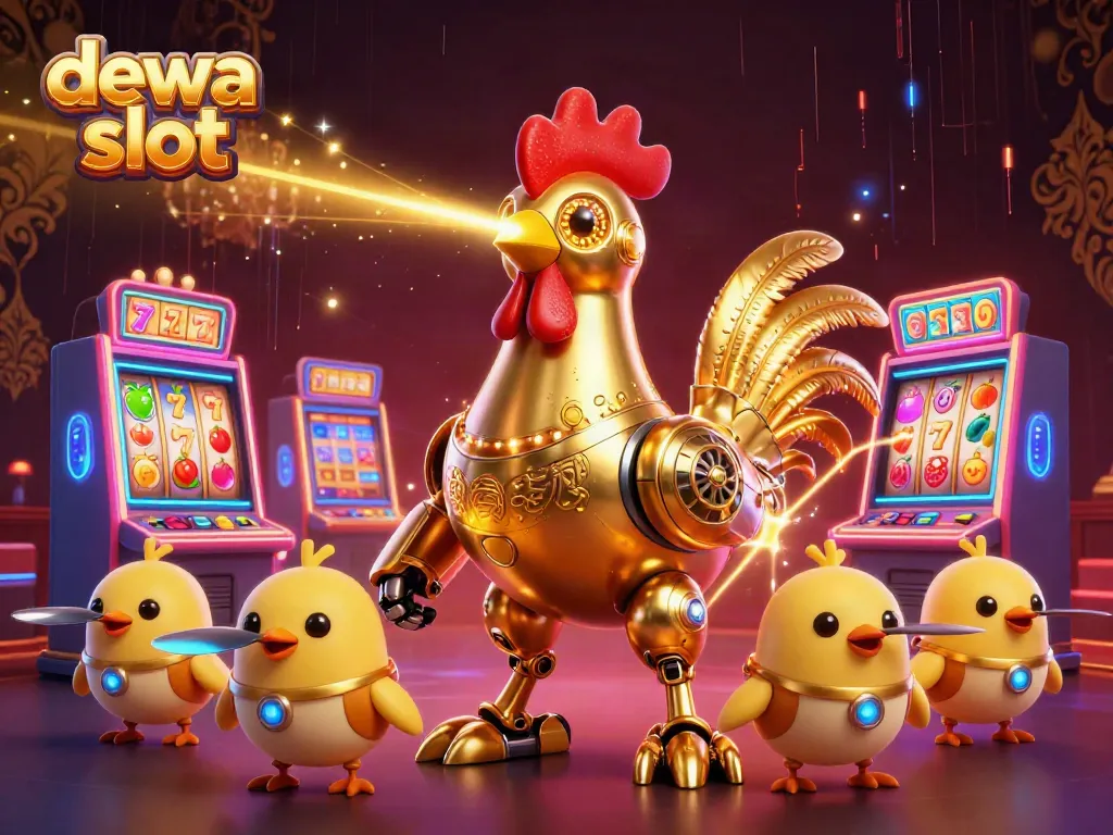 Permainan dewa slot diilustrasikan dengan robot ayam emas futuristik dan mesin slot penuh simbol keberuntungan.