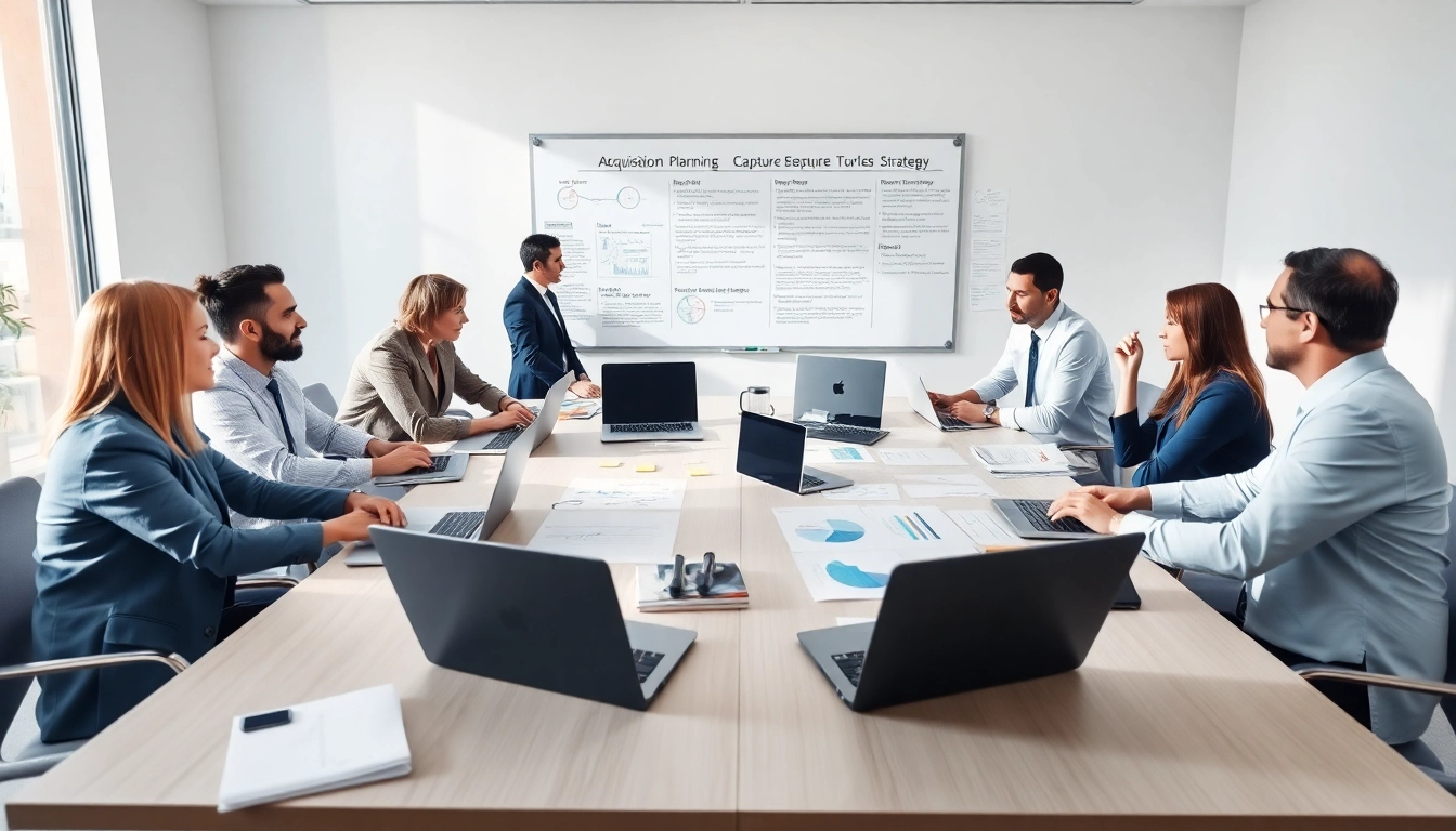 Experts collaborating on Acquisition Planning/Strategy Capture Management in a modern office setting.