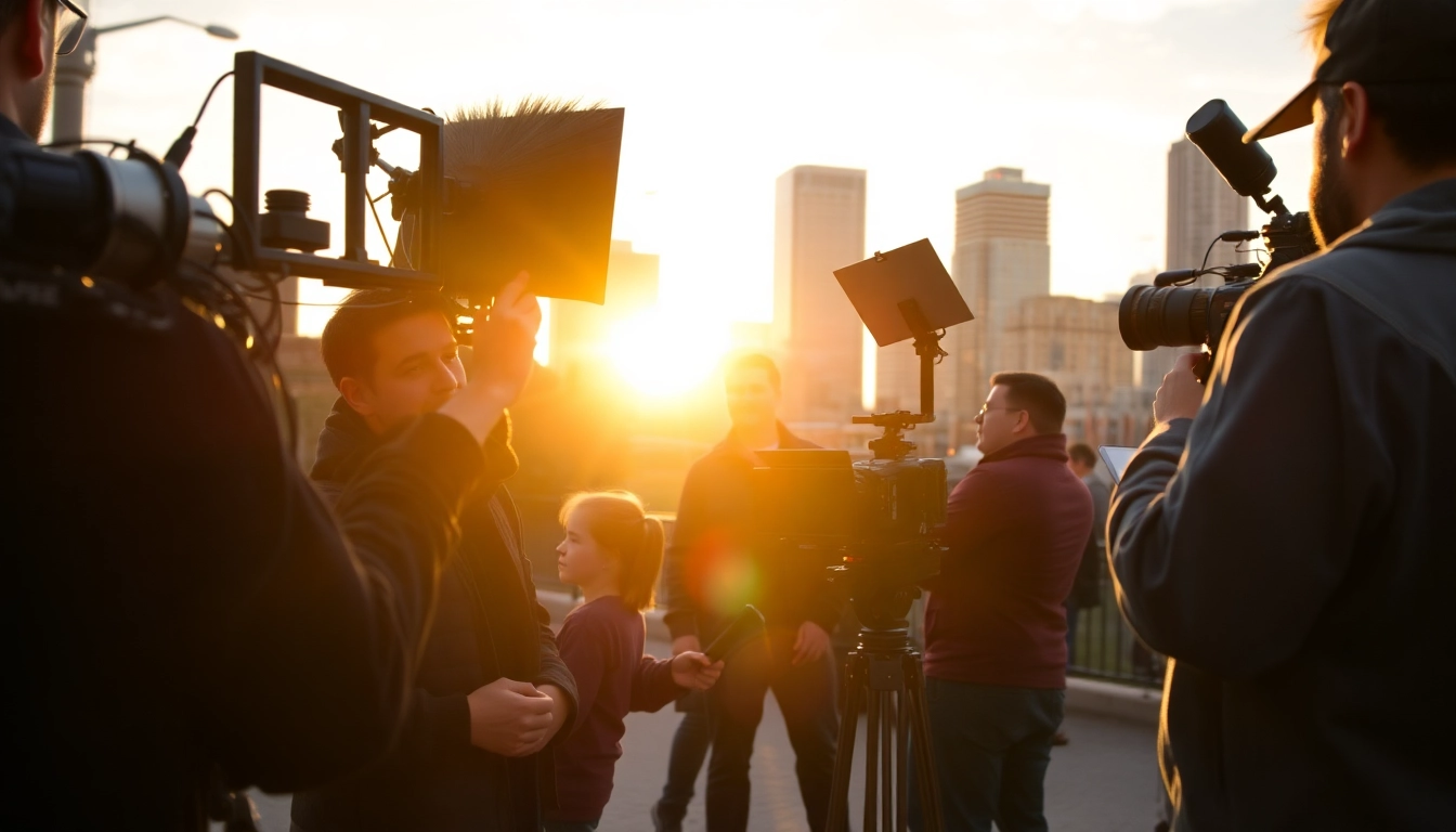 Edmonton production companies filming on set with vibrant city skyline background.