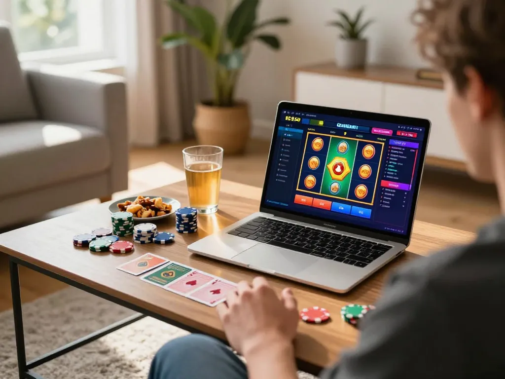 Engaging in online slot games at home with 92slot gaming interface visible on screen