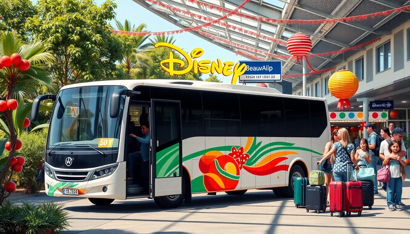 Booking a Beauvais Airport to Disney Transfer with a cheerful family next to a shuttle bus.
