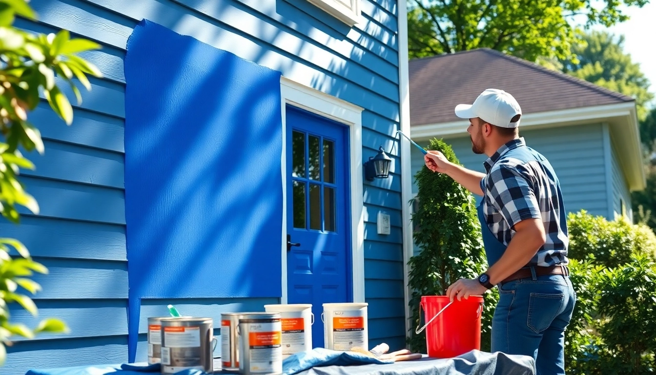 House painters expertly applying vibrant blue paint to a home’s exterior.