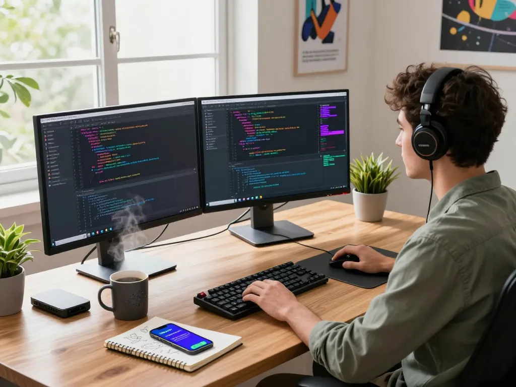 Moltbot mac workspace with developer coding on dual monitors in modern tech environment.