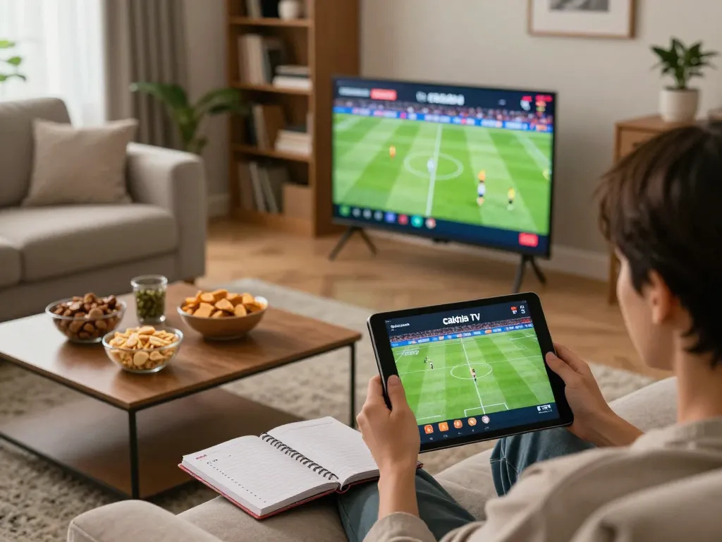 Cakhia TV streaming live football in a cozy home setup, person engaged with football match on tablet.