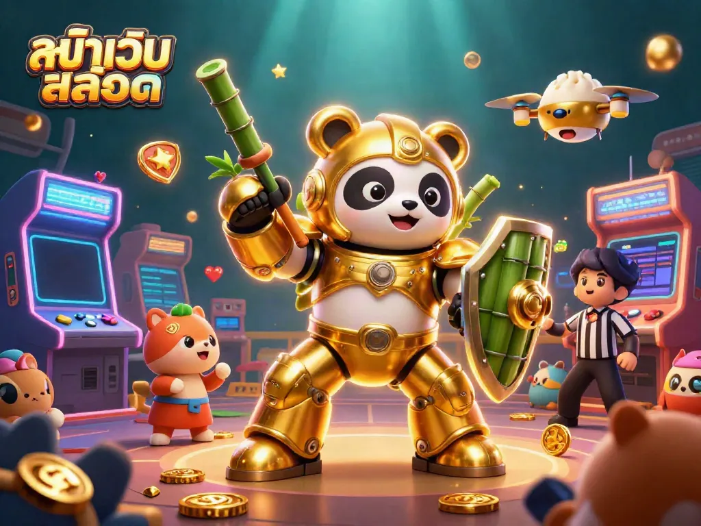 Engage with หน้าเว็บสล็อต showcasing vibrant gaming elements and animated characters in a rich casino scene.