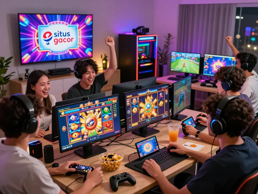 Pemain menikmati permainan slot situs gacor dengan grafik cerah dalam suasana rumah yang hidup.