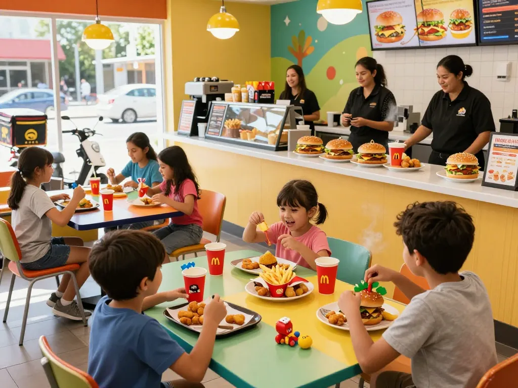 Engaging fast food menu scene with families enjoying meals, showcasing children's Happy Meals.