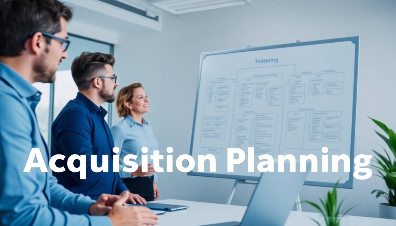 Engaged team discussing Acquisition Planning/Strategy Capture Management in a modern office.