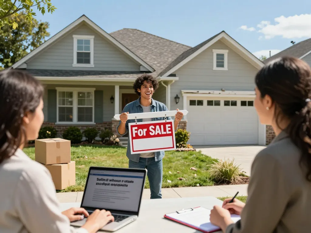 Sell house without repairs with motivated homeowner and real estate agent in front of a charming house.